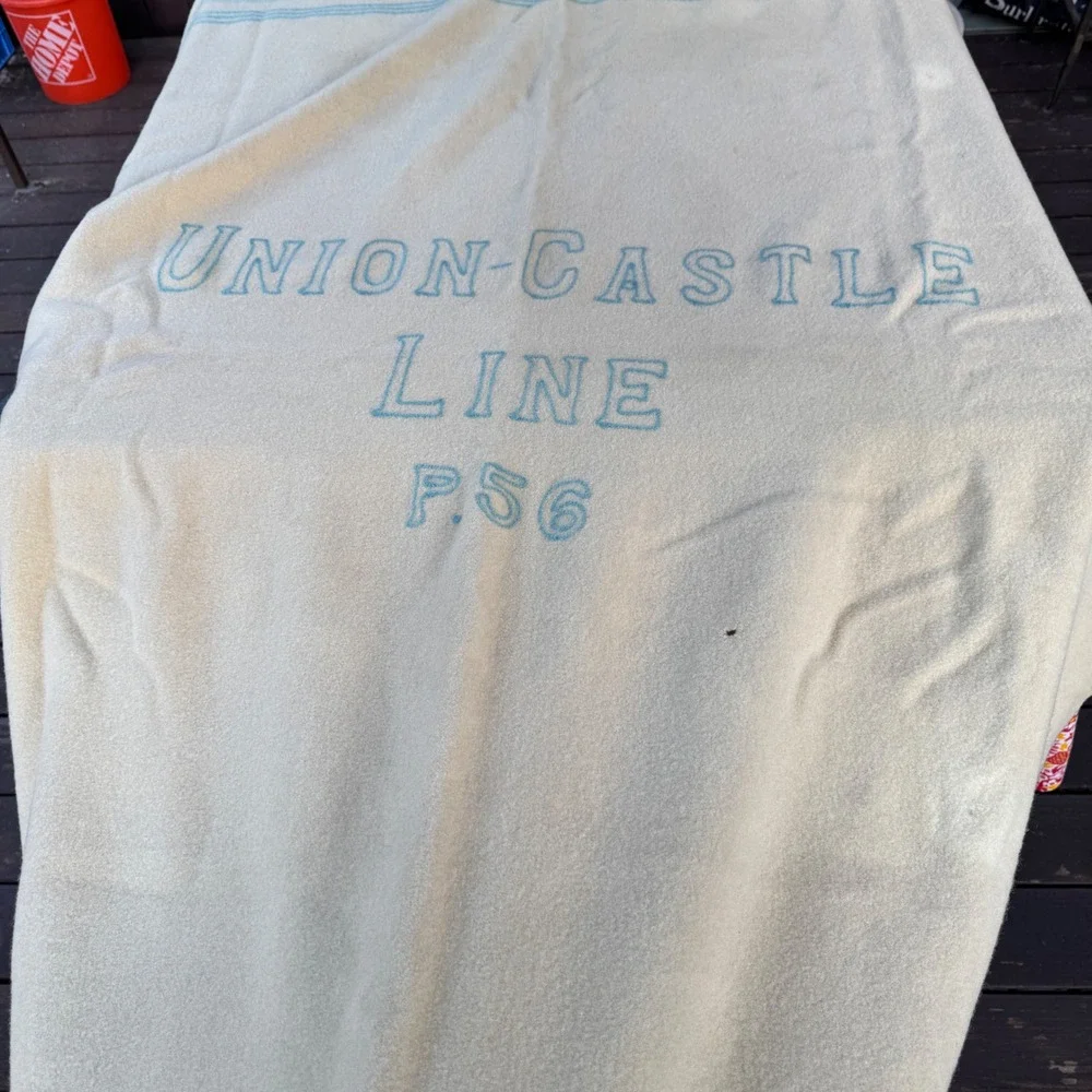Vintage Union-Castle Line Wool Ship Blanket Cream Blue 1950s Maritime P56 70x52